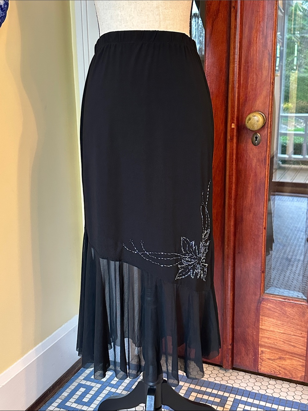 Hana | Black Beaded Floral Asymmetric Chiffon Hem Midi Skirt, Whimsigoth Size XL